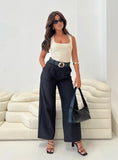 Bomve-Archer Pants Black Petite+Dark blue denim suspenders