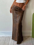 Bomve-Vintage Brown Back Slit Low Waist Leather Maxi Skirt