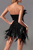 Bomve-Black Friday Christmas Thanksgiving Sexy Solid Sequins Patchwork Feathers Zipper Strapless Wrapped Skirt Dresses(4 Colors)