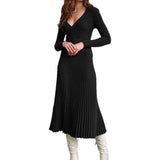 winter outfits Black Friday Christmas Thanksgiving 2024 Spring and Autumn Elegant Women's Long-Sleeved V-neck Wrapped Chest Mid-Length Knitted Pleated Dress Bottoming Skirt