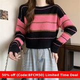 Bomve womens christmas outfit Black Friday Autumn New Black Pink Striped Fashion Sweet Chic Sweater Sweater Top off-Shoulder Sweater Women's Short