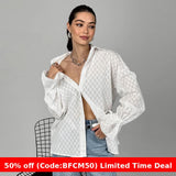 christmas outfit women Black Friday White Jacquard Shirt for Women 2024 Autumn Loose Casual Bell Sleeve Lapel Shirt for Women