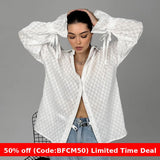 christmas outfit women Black Friday White Jacquard Shirt for Women 2024 Autumn Loose Casual Bell Sleeve Lapel Shirt for Women