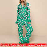 christmas pajamas aesthetic Winter outfits  Cyber Monday 2024 new year Women's Christmas Satin Print Casual Long-Sleeved Trousers Pajamas Suit Women