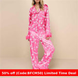 christmas pajamas aesthetic Winter outfits  Cyber Monday 2024 new year Women's Christmas Satin Print Casual Long-Sleeved Trousers Pajamas Suit Women