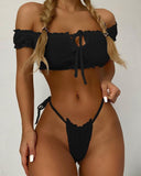 Bomve-Black Friday Christmas Thanksgiving Off Shoulder Frill Hem Tie Front Crop Top & Thong Bikini Set