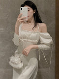 white dress Hepburn Style White Summer Scheming Dress New Style Wooden Ear Square Collar Mid-Length Elegant Fishtail Skirt