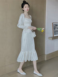 white dress Hepburn Style White Summer Scheming Dress New Style Wooden Ear Square Collar Mid-Length Elegant Fishtail Skirt