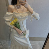 white dress Hepburn Style White Summer Scheming Dress New Style Wooden Ear Square Collar Mid-Length Elegant Fishtail Skirt