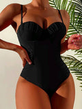 Bomve-Black Friday Christmas Thanksgiving Simple Spaghetti-Neck Pleated Solid Color One-Piece Swimwear