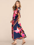 Bomve-Black Friday Christmas Thanksgiving Short Sleeve Floral V-Neck Long Gown Cover-Up Swimwear