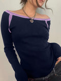 Bomve-Contrast Color Off Shoulder Long Sleeve Tee