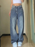 Bomve-Pocket Design Blue Wash Boyfriend Jeans