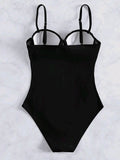 Bomve-Black Friday Christmas Thanksgiving Simple Spaghetti-Neck Pleated Solid Color One-Piece Swimwear