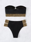 Bomve-Black Friday Christmas Thanksgiving Bandeau Ring Color-Block Sequined Hollow Bikini Swimsuit