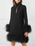 Bomve-Black Friday Christmas Thanksgiving Women's Dresses Feather Paneled Turtleneck Long Sleeve Dress