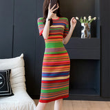 Bomve-Black Friday-Winter outfits Vintage Striped Knee-Length Slim Knitted Dress Women Summer Korean O-neck Bodycon Sweater Dresses Elegant Vestidos Mujer P704