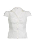 Bomve-Short Sleeve V-Neck Plain Ruched Shirt