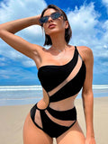 Bomve-Black Friday Christmas Thanksgiving Sexy Asymmetric See-Through Split-Joint One-Shoulder One-Piece Swimwear