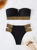 Bomve-Black Friday Christmas Thanksgiving Bandeau Ring Color-Block Sequined Hollow Bikini Swimsuit