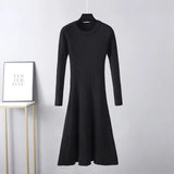 Bomve-Black Friday-Winter outfits  Long Sleeved High Waisted Short Knitted Dress Women Solid High Collar Sweater A-line Dresses Autumn Chic Female Street