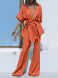 Bomve-Oversized Linen Tied Two Piece Pants Set