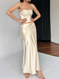 Bomve-Ivory Glow Satin Two Piece Skirt Set