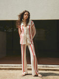 Bomve-Puglia Stripe Crochet Long Sleeve Two Piece Pants Set