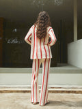 Bomve-Puglia Stripe Crochet Long Sleeve Two Piece Pants Set