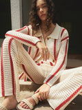 Bomve-Puglia Stripe Crochet Long Sleeve Two Piece Pants Set