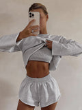 Bomve-Athleisure Long Sleeve Three Piece Shorts Set