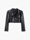 Bomve-Faux Leather Crop Blazer Two Piece Skirt Set