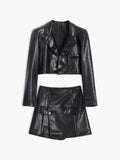 Bomve-Faux Leather Crop Blazer Two Piece Skirt Set