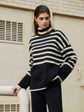 Bomve-Parisian Stripe Two Piece Turtleneck Sweater Pants Set