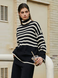 Bomve-Parisian Stripe Two Piece Turtleneck Sweater Pants Set