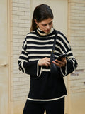 Bomve-Parisian Stripe Two Piece Turtleneck Sweater Pants Set