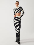 Bomve-Zebra Print Mock Neck Crop Top Two Piece Skirt Set