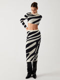 Bomve-Zebra Print Mock Neck Crop Top Two Piece Skirt Set