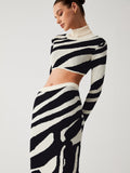 Bomve-Zebra Print Mock Neck Crop Top Two Piece Skirt Set