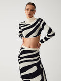 Bomve-Zebra Print Mock Neck Crop Top Two Piece Skirt Set