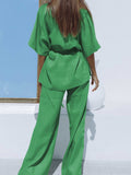 Bomve-Oversized Linen Tied Two Piece Pants Set