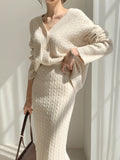 Bomve-Cable Knit Two Piece Sweater Skirt Set