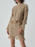 Bomve-Tassel Hem Cable Knit Two Piece Long Sleeve Skirt Set