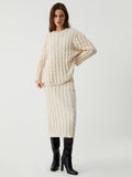 Bomve-Cream Cable Knit Long Sleeve Two Piece Skirt Set