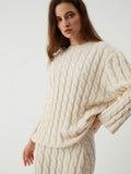 Bomve-Cream Cable Knit Long Sleeve Two Piece Skirt Set