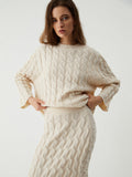 Bomve-Cream Cable Knit Long Sleeve Two Piece Skirt Set