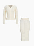 Bomve-Cream Long Sleeve Two Piece Cable Knit Skirt Set