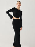 Bomve-Slinky Long Sleeve Knit Two Piece Slit Skirt Set