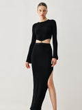 Bomve-Slinky Long Sleeve Knit Two Piece Slit Skirt Set