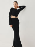 Bomve-Slinky Long Sleeve Knit Two Piece Slit Skirt Set